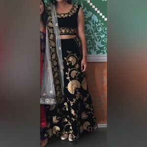 velvet navy and gold Indian lehenga